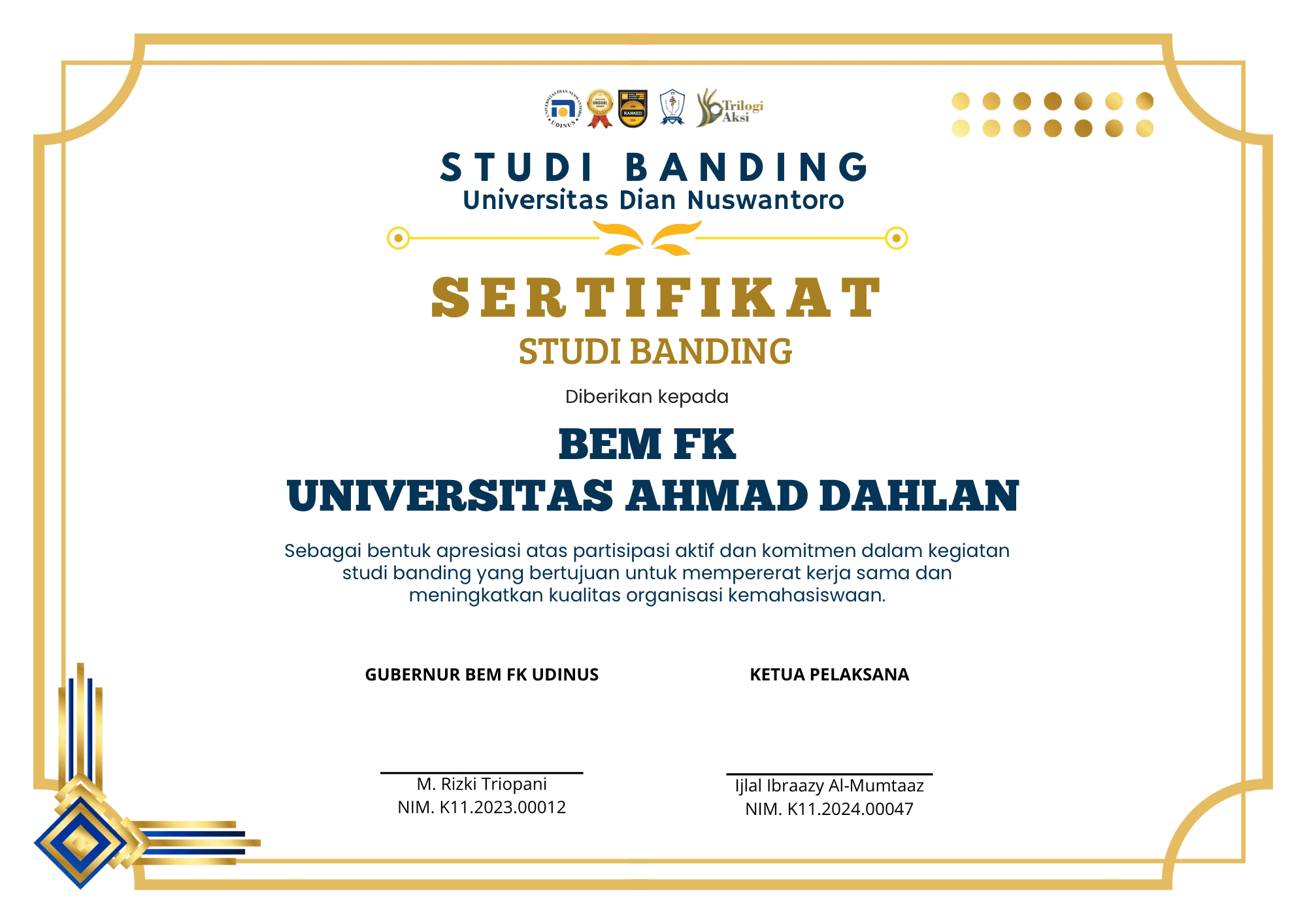 Sertifikat untuk Universitas Ahmad Dahlan